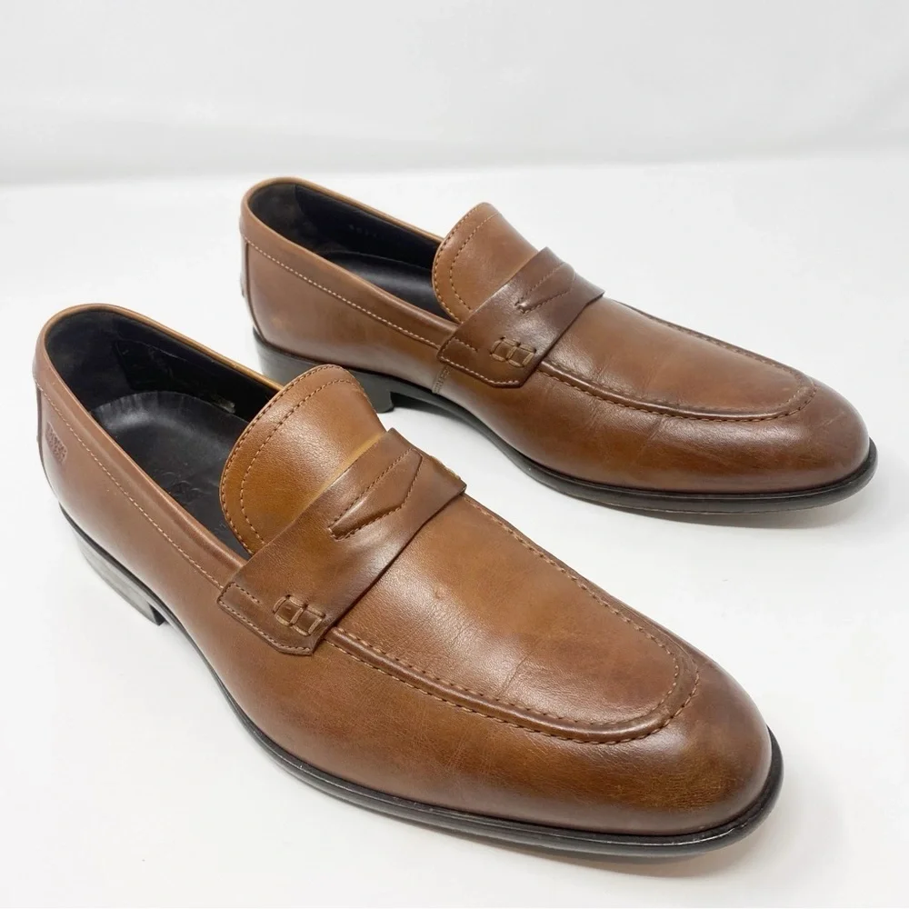 HUGO BOSS Penny Loafers Men's Brown Leather Dress Highline Slip On
